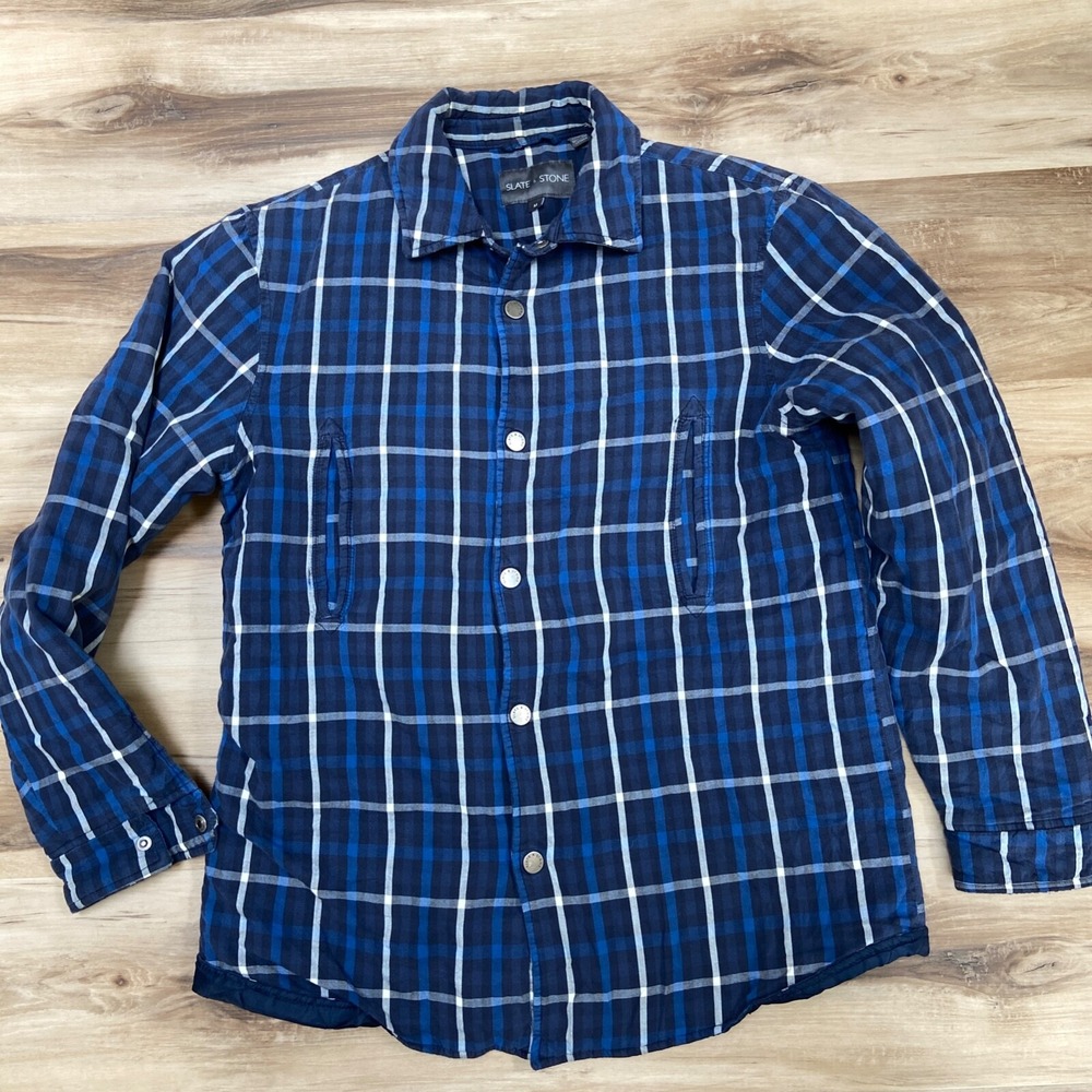 Slate & Stone Shirt Jacket Size M Blue Plaid Cotton Quilted Lining Snap Front